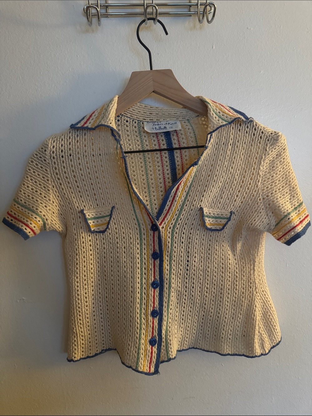 Granny Takes A Knit Talbott 70s Style Knit Short Sleeve Button Up Rainbow Trim